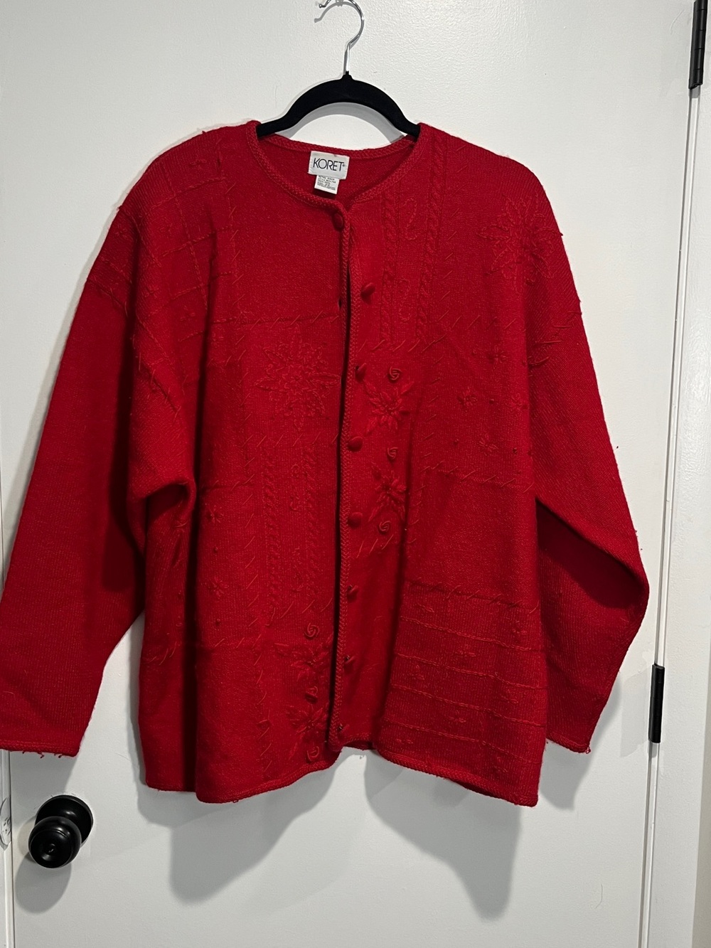 Vintage Koret 100% Wool Embroidered Cardigan Red Floral 2X